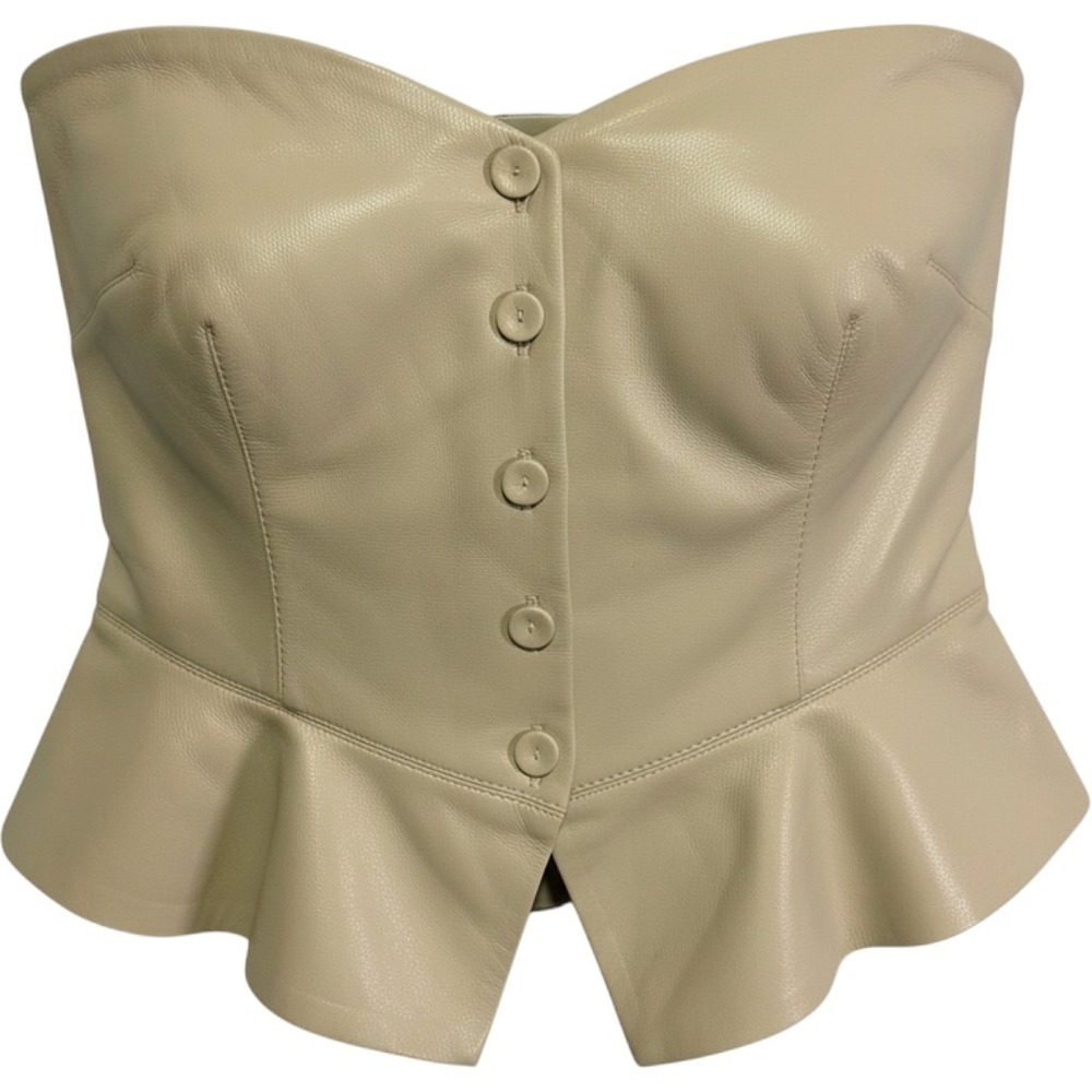 Nanushka Vegan Leather Cropped Bustier Top Cream Button Front Strapless Small